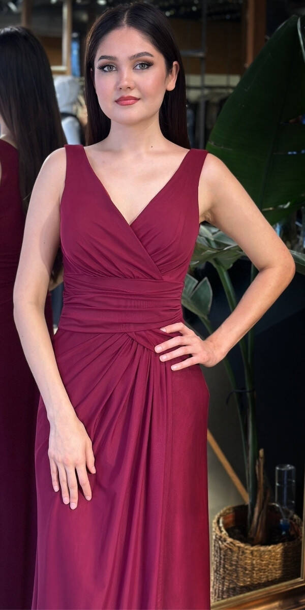 Bordo V Yaka Kalın Askı Anvelop Yırtmaçlı Düz Kesim Likralı Tül Uzun Abiye Elbise 11123-07 - 3