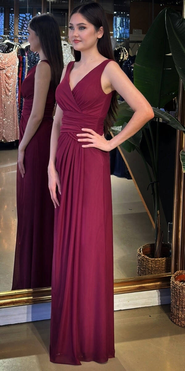 Bordo V Yaka Kalın Askı Anvelop Yırtmaçlı Düz Kesim Likralı Tül Uzun Abiye Elbise 11123-07 - 2