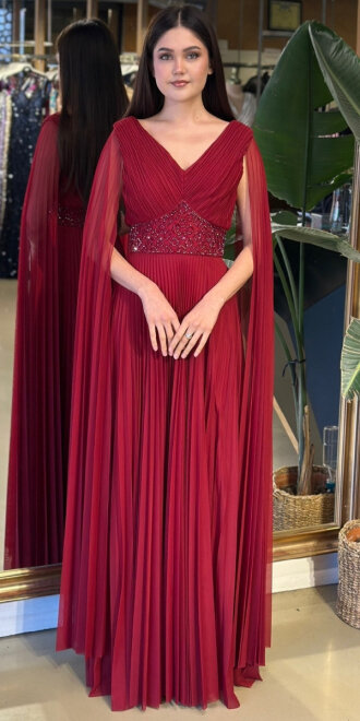 Bordo V Yaka Pelerin Kloş Etekli Şifon Uzun Abiye Elbise 11108-02 - abiyeniall