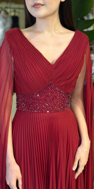 Bordo V Yaka Pelerin Kloş Etekli Şifon Uzun Abiye Elbise 11108-02 - 4