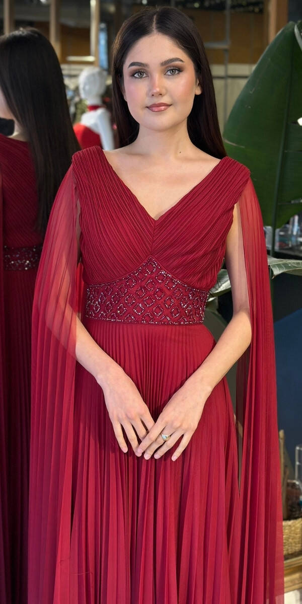 Bordo V Yaka Pelerin Kloş Etekli Şifon Uzun Abiye Elbise 11108-02 - 3