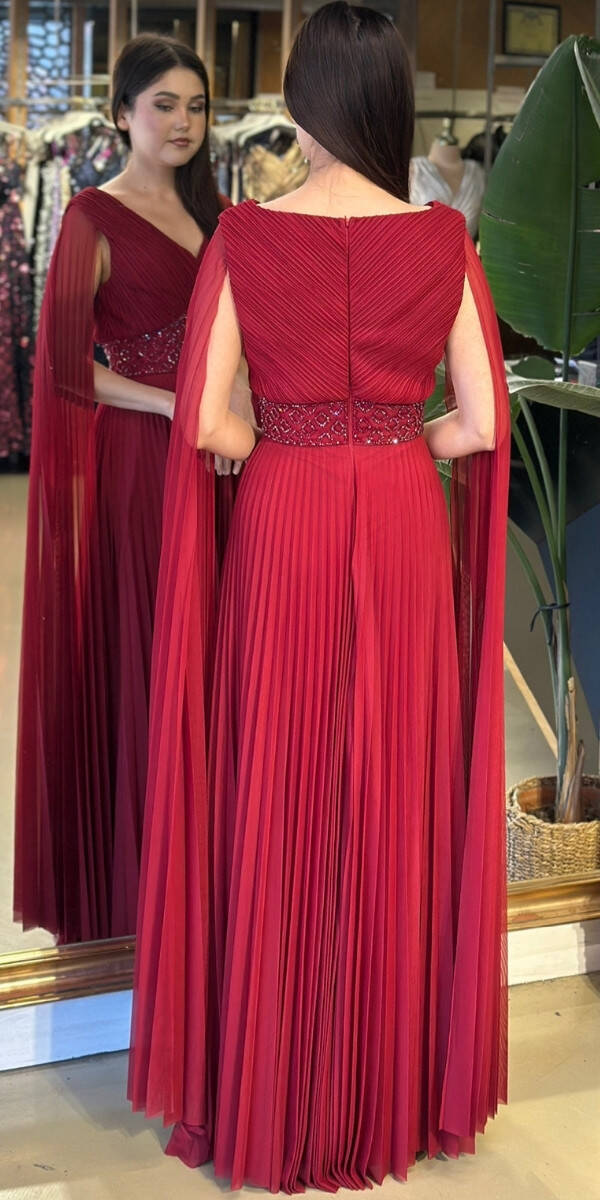 Bordo V Yaka Pelerin Kloş Etekli Şifon Uzun Abiye Elbise 11108-02 - 5