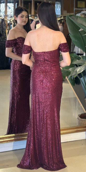 Bordo Yırtmaçlı Düz Kesim Payet Uzun Abiye Elbise 7379 - 2