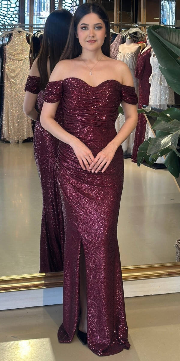 Bordo Yırtmaçlı Düz Kesim Payet Uzun Abiye Elbise 7379 - 1