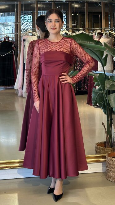 Bordo Yuvarlak Yaka Uzun Kollu Kloş Etekli Saten Midi Abiye Elbise 11139-03 - abiyeniall