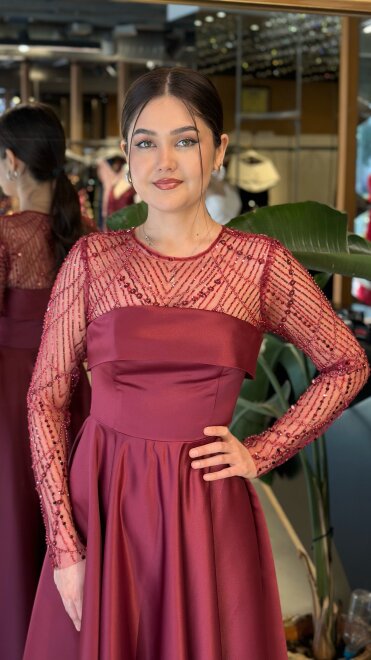 Bordo Yuvarlak Yaka Uzun Kollu Kloş Etekli Saten Midi Abiye Elbise 11139-03 - 3