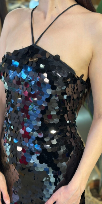 C.P Siyah Halter Yaka Sırt Dekolteli Yırtmaçlı Düz Kesim Payet Midi Abiye Elbise 11042-05 - 4