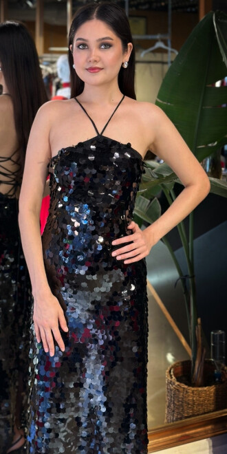 C.P Siyah Halter Yaka Sırt Dekolteli Yırtmaçlı Düz Kesim Payet Midi Abiye Elbise 11042-05 - 3