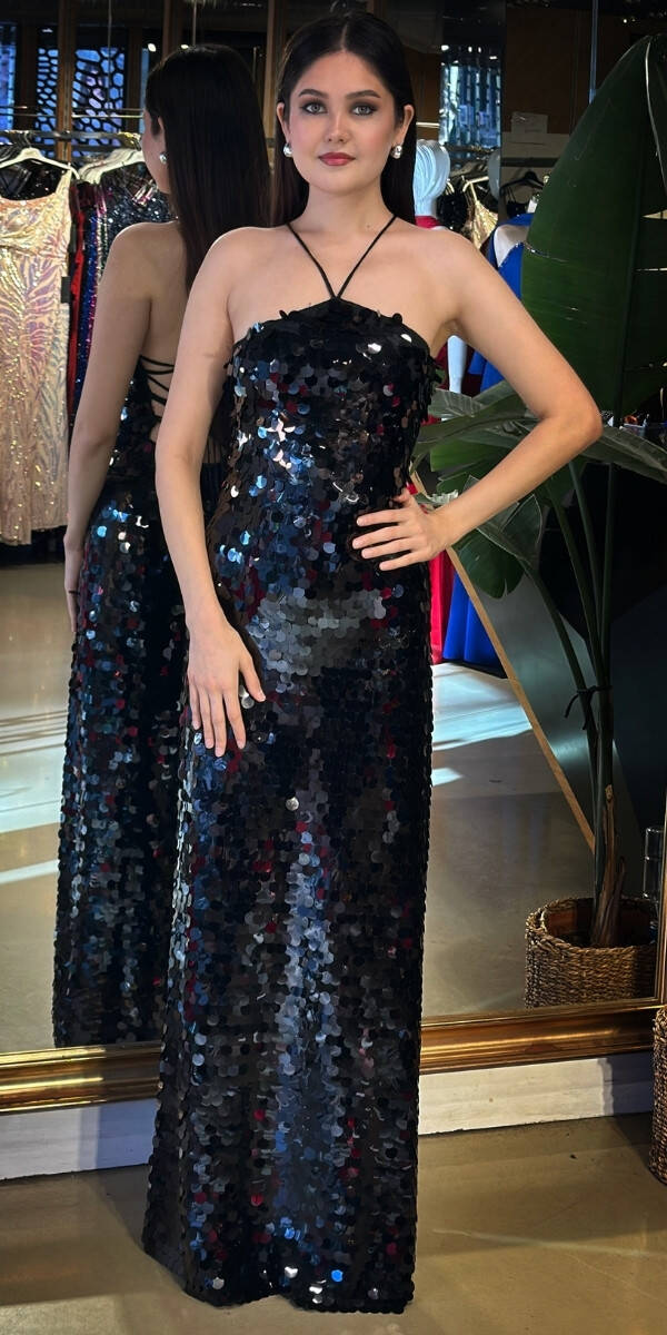 C.P Siyah Halter Yaka Sırt Dekolteli Yırtmaçlı Düz Kesim Payet Midi Abiye Elbise 11042-05 - 1