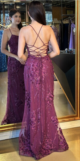 Damson İp Askılı Çiçek Detaylı Sırt Dekolteli Düz Kesim Tül Uzun Abiye Elbise 11060 - 5