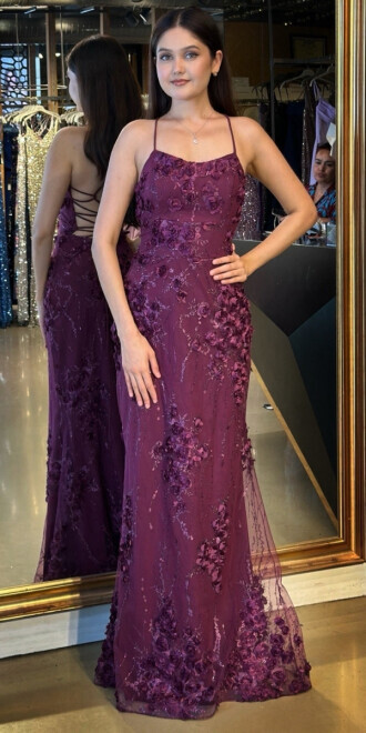 Damson İp Askılı Çiçek Detaylı Sırt Dekolteli Düz Kesim Tül Uzun Abiye Elbise 11060 