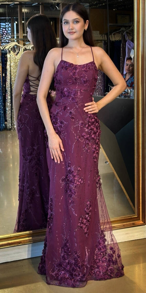 Damson İp Askılı Çiçek Detaylı Sırt Dekolteli Düz Kesim Tül Uzun Abiye Elbise 11060 - 1