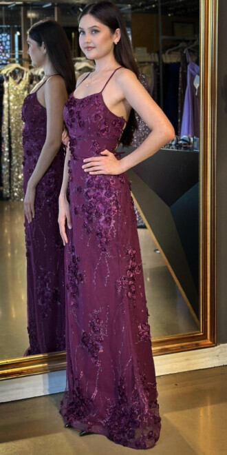 Damson İp Askılı Çiçek Detaylı Sırt Dekolteli Düz Kesim Tül Uzun Abiye Elbise 11060 - 2