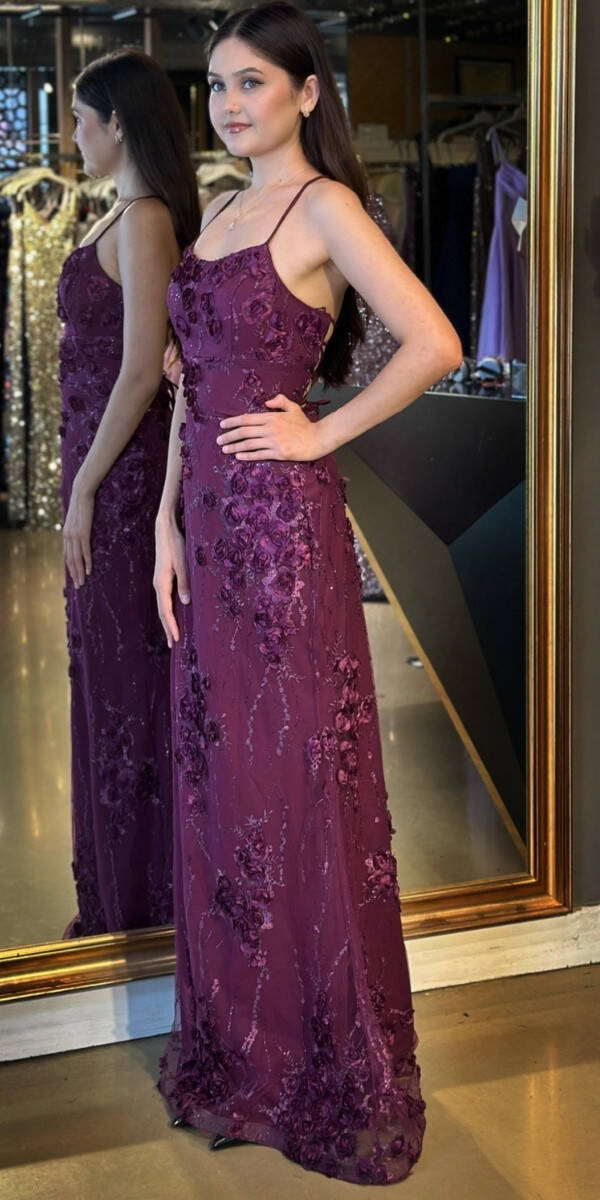 Damson İp Askılı Çiçek Detaylı Sırt Dekolteli Düz Kesim Tül Uzun Abiye Elbise 11060 - 2