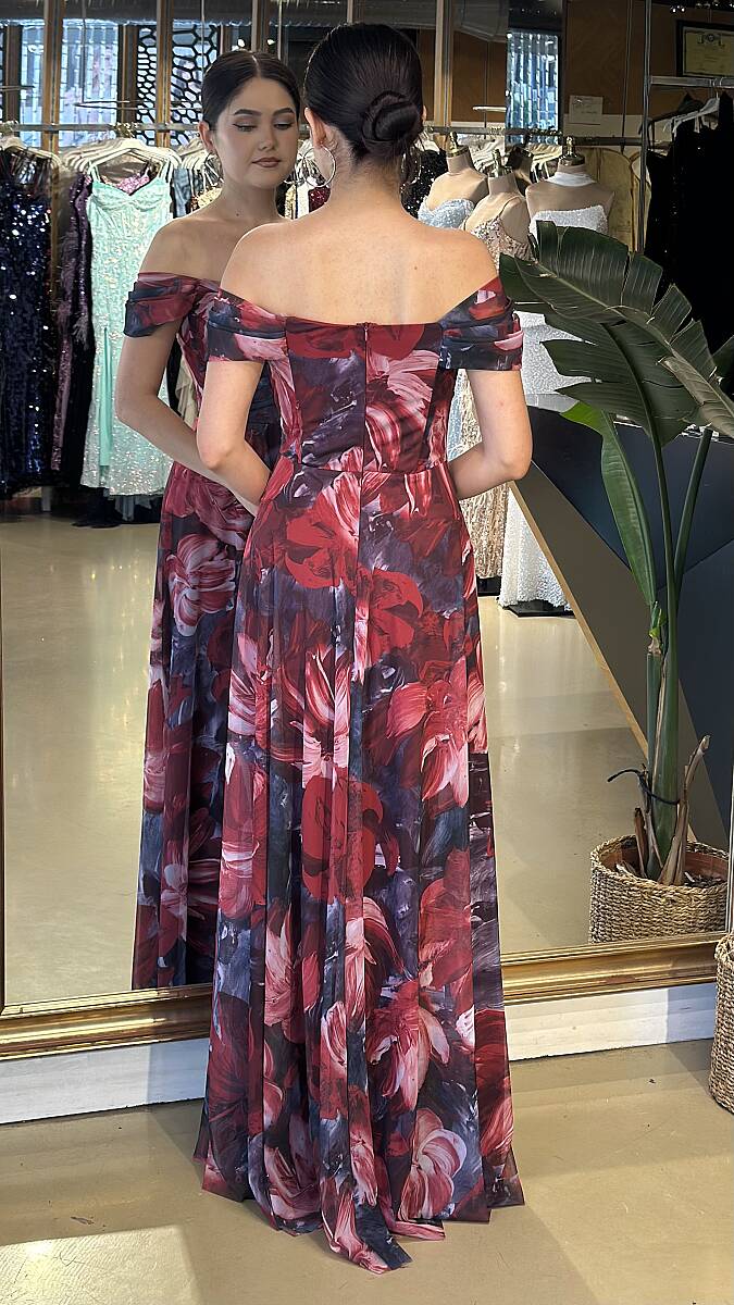 Damson Madonna Yaka Kloş Etekli Likralı Desenli Uzun Abiye Elbise 05-11056 - 5