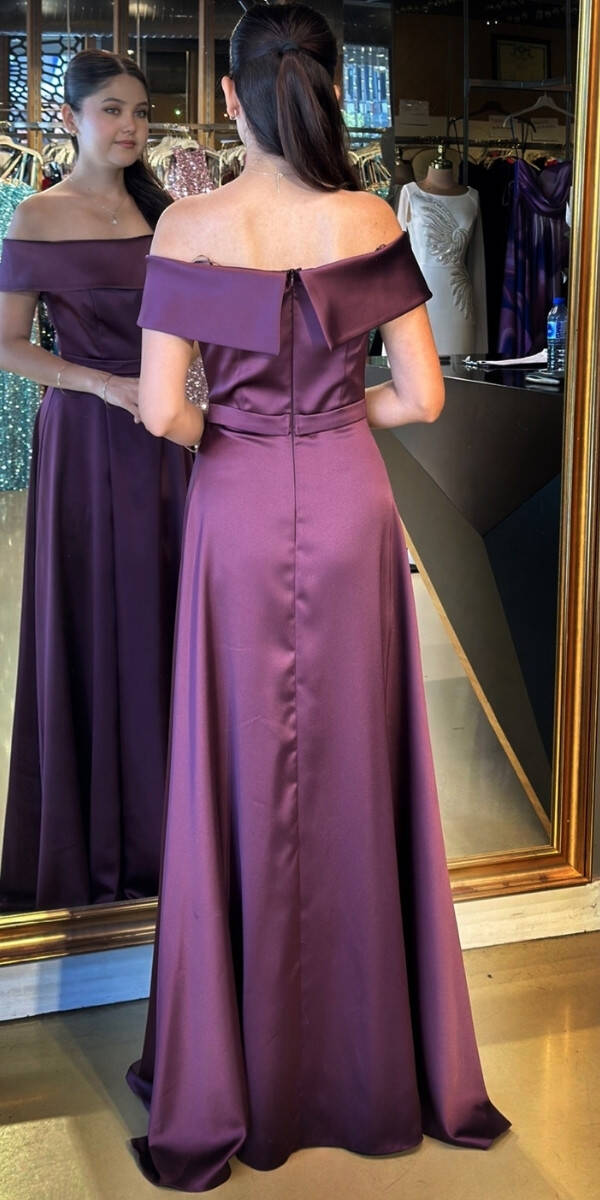 Damson Madonna Yaka Kloş Etekli Saten Uzun Abiye Elbise 11067 - 5