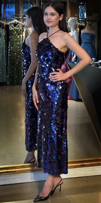 Damson Stefanel Yaka Sırt Dekolteli Yırtmaçlı Düz Kesim Payet Midi Abiye Elbise 11042 - 2