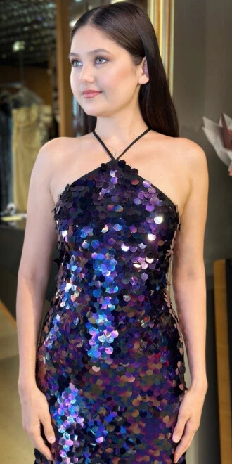 Damson Stefanel Yaka Sırt Dekolteli Yırtmaçlı Düz Kesim Payet Midi Abiye Elbise 11042 - 3