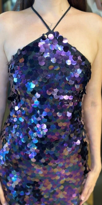 Damson Stefanel Yaka Sırt Dekolteli Yırtmaçlı Düz Kesim Payet Midi Abiye Elbise 11042 - 4