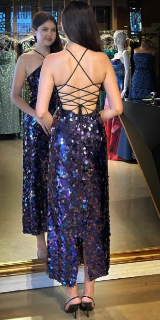 Damson Stefanel Yaka Sırt Dekolteli Yırtmaçlı Düz Kesim Payet Midi Abiye Elbise 11042 - 5