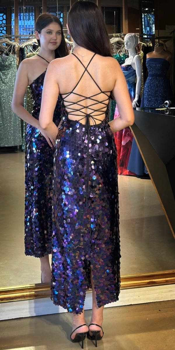 Damson Stefanel Yaka Sırt Dekolteli Yırtmaçlı Düz Kesim Payet Midi Abiye Elbise 11042 - 5