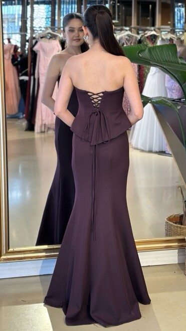 Damson Straplez Yaka Balık Etekli Krep Uzun Abiye Elbise 11242-01 - 3