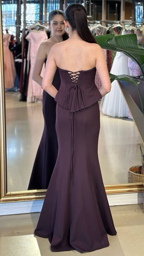 Damson Straplez Yaka Balık Etekli Krep Uzun Abiye Elbise 11242-01 - 3