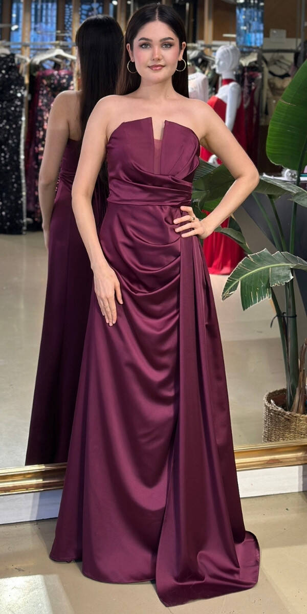 Damson Straplez Yaka Sırt Dekolteli Düz Kesim Saten Uzun Abiye Elbise 11131-09 - 1