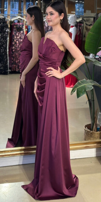 Damson Straplez Yaka Sırt Dekolteli Düz Kesim Saten Uzun Abiye Elbise 11131-09 - 2