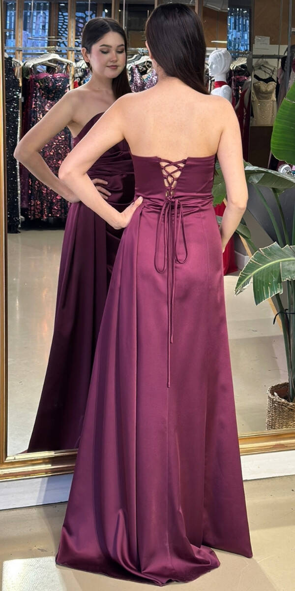 Damson Straplez Yaka Sırt Dekolteli Düz Kesim Saten Uzun Abiye Elbise 11131-09 - 4