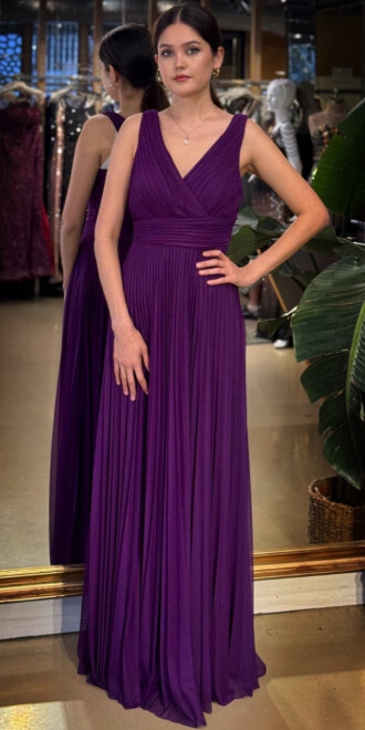 Damson V Yaka Kalın Askı Kloş Etekli Şifon Uzun Abiye Elbise 11098-08 - abiyeniall