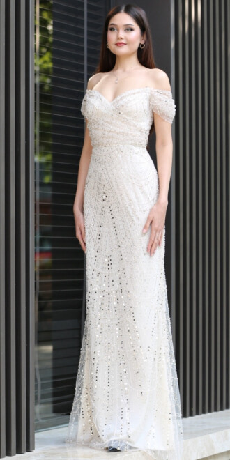 Ekru Sırt Dekolteli Düz Kesim Pullu Boncuklu Uzun Abiye Elbise 11044 - abiyeniall