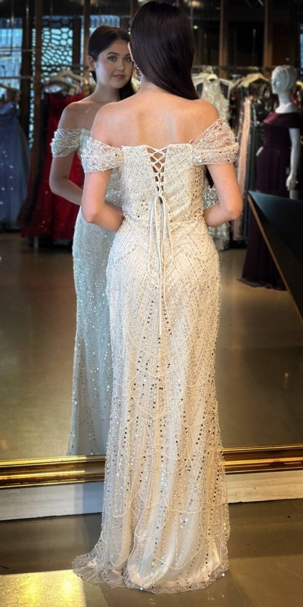 Ekru Sırt Dekolteli Düz Kesim Pullu Boncuklu Uzun Abiye Elbise 11044 - 7