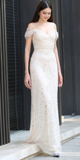 Ekru Sırt Dekolteli Düz Kesim Pullu Boncuklu Uzun Abiye Elbise 11044 - 2