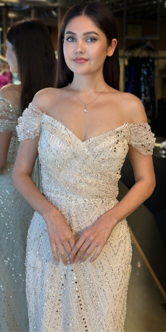 Ekru Sırt Dekolteli Düz Kesim Pullu Boncuklu Uzun Abiye Elbise 11044 - 5