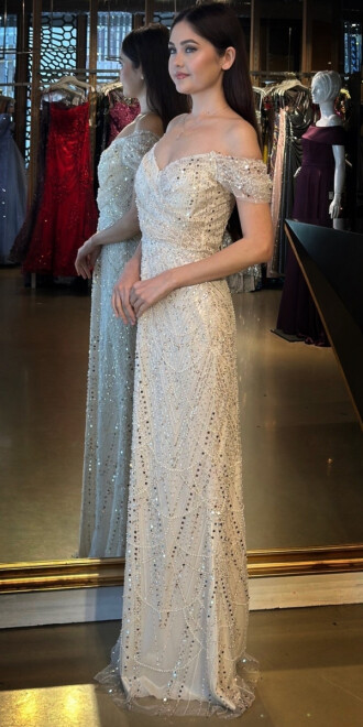 Ekru Sırt Dekolteli Düz Kesim Pullu Boncuklu Uzun Abiye Elbise 11044 - 4