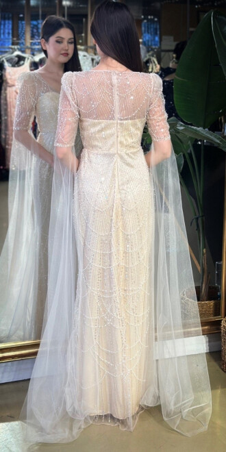 Ekru V Yaka Kısa Kollu Pelerin Düz Kesim Pullu Boncuklu Uzun Abiye Elbise 7713 - 5