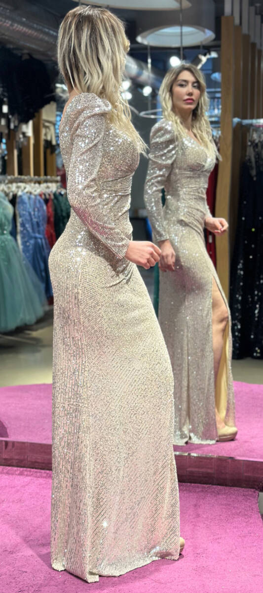 Beige Long Sleeve Slit Straight Cut Sequin Long Evening Dress 7321 - 3