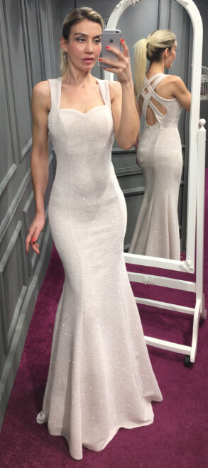 Beige Low-Cut Back Mermaid Skirt Glitter Long Evening Dress 6030 - abiyeniall