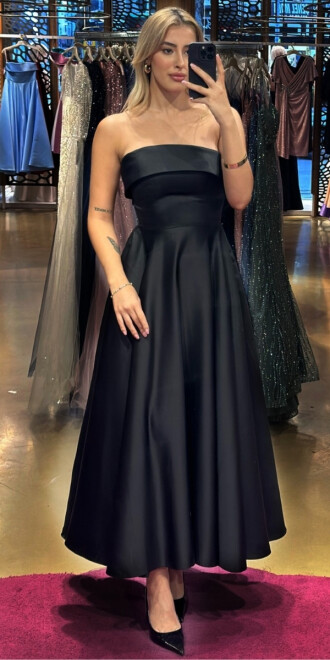 Black Flared Skirt Satin Midi Evening Dress 7647 - abiyeniall