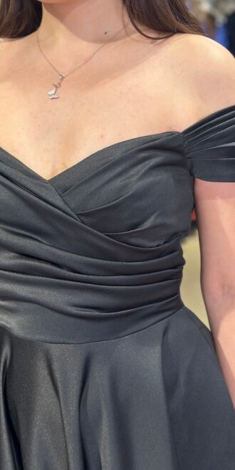 Black Flared Skirt Satin Midi Evening Dress 7672 - 4