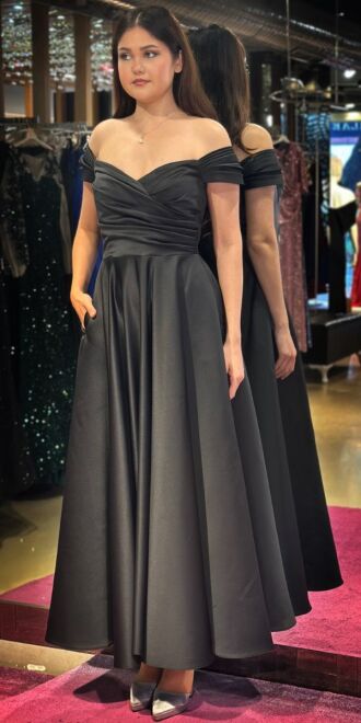 Black Flared Skirt Satin Midi Evening Dress 7672 - 3