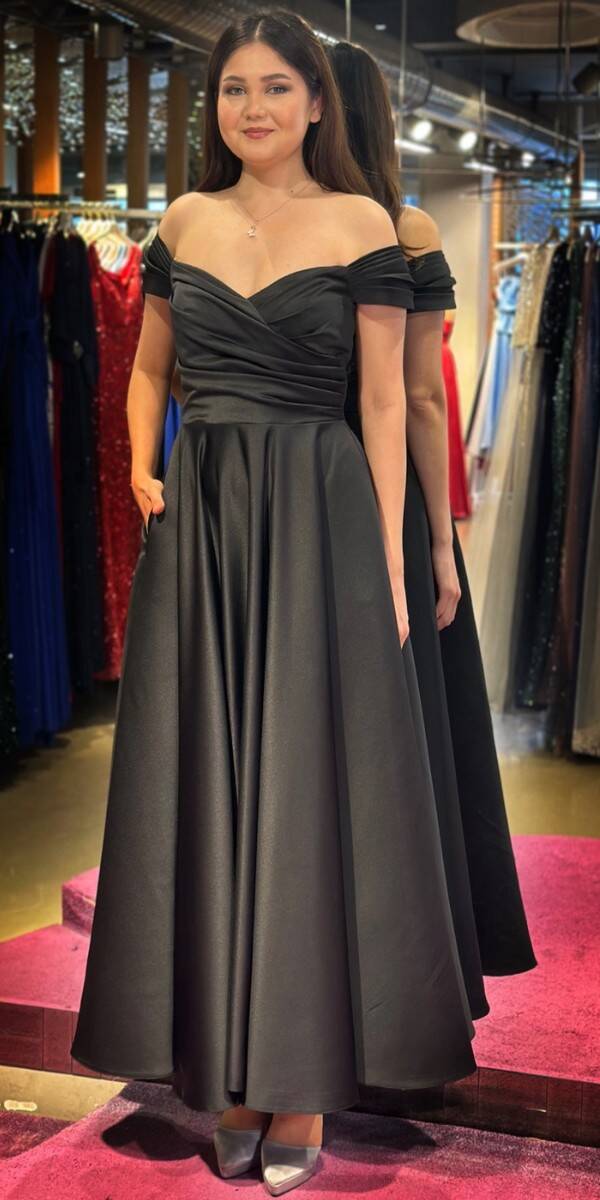 Black Flared Skirt Satin Midi Evening Dress 7672 - 1