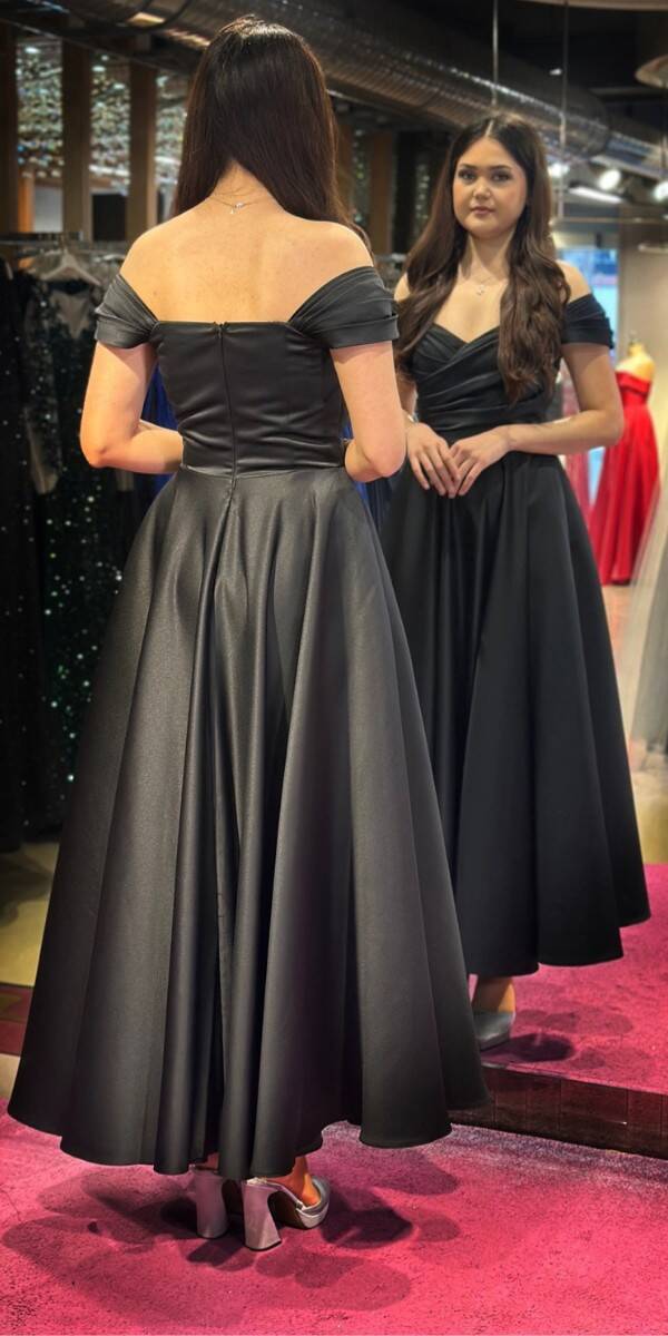 Black Flared Skirt Satin Midi Evening Dress 7672 - 5