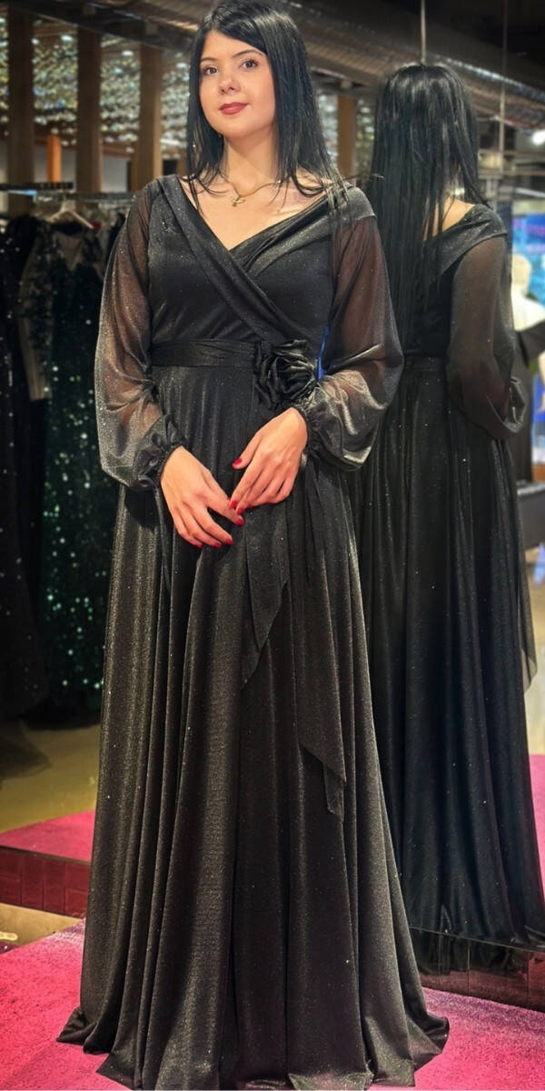 Black Long Sleeve Floral Detailed Flared Skirt Glitter Long Evening Dress 7656 - 1