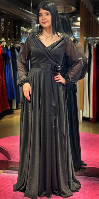 Black Long Sleeve Floral Detailed Flared Skirt Glitter Long Evening Dress 7656 - 3