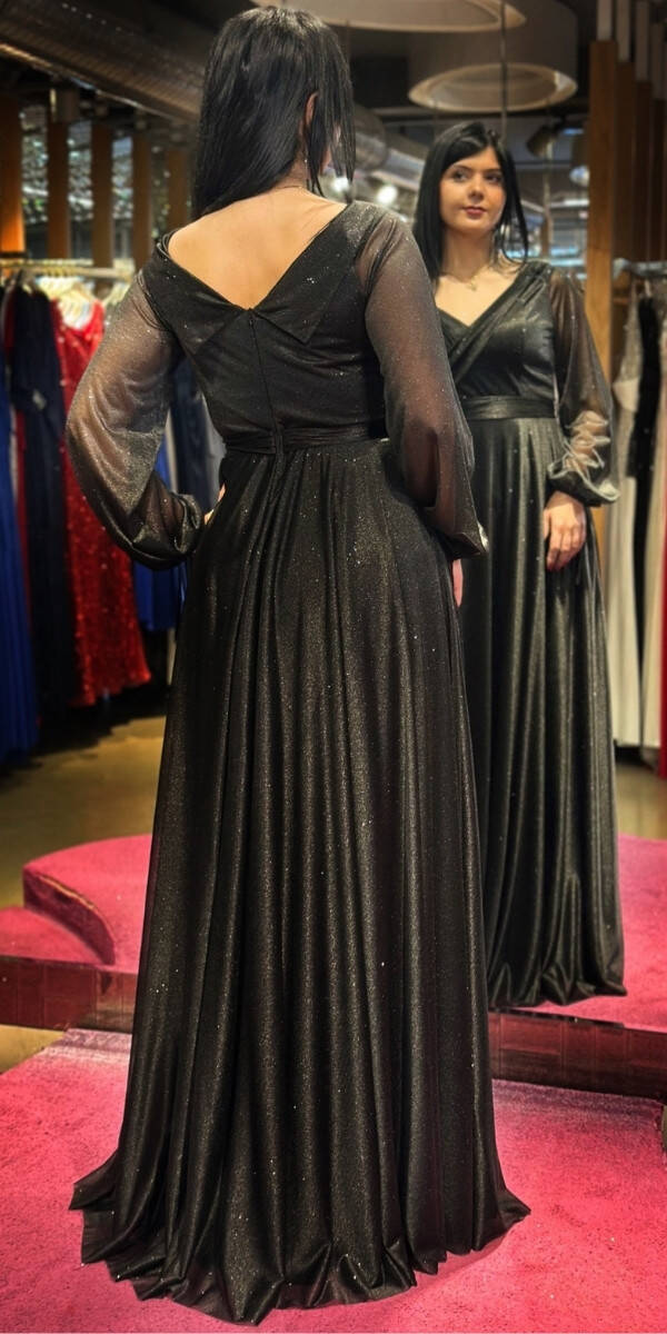 Black Long Sleeve Floral Detailed Flared Skirt Glitter Long Evening Dress 7656 - 5