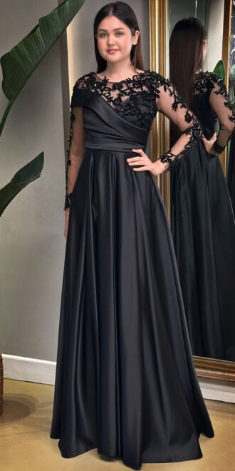 Black Long Sleeve Lace Detailed Flared Skirt Satin Long Evening Dress 7670 