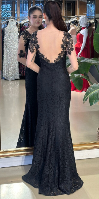 Black Long Sleeve Lace Detailed Low-Cut Back Mermaid Skirt Lace Long Evening Dress 7001 - 2