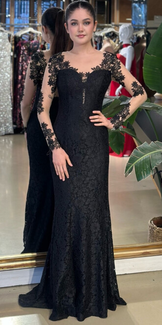 Black Long Sleeve Lace Detailed Low-Cut Back Mermaid Skirt Lace Long Evening Dress 7001 - 1